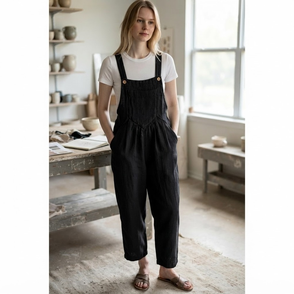 Free People Textured Gauze Bib Overalls Women Size S Black Excellent Boho